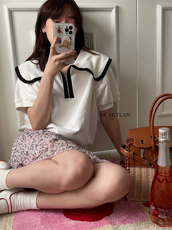 New in early summer! [A.K skylan] half zipper design sense of niche short sleeve T-shirt 82552# zxl