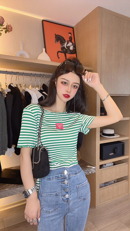 [Maomao] design label striped waist closed short sleeve T-shirt 712# WTT