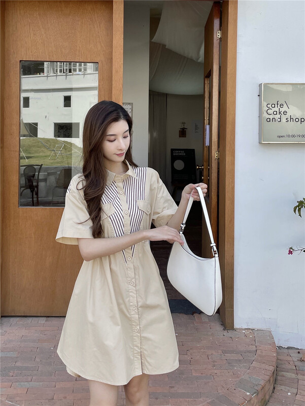 [woo shop] striped short sleeve Pleated Dress 32891# WPL