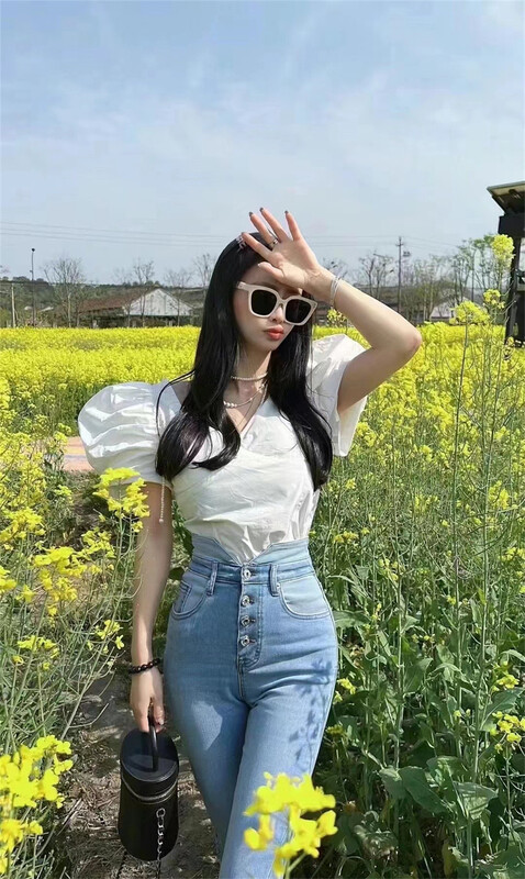 goods in stock! New in early summer! 【 side dishes 】 French Style Bubble Sleeve waist closing shirt 8276# lwy