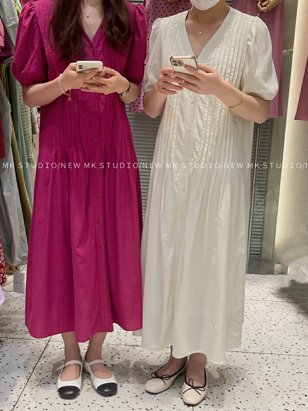 [MK] Korean solid color breasted bubble sleeve long dress 3207# hjy