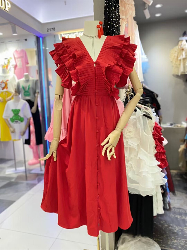 [spy] little woman V-neck breasted dress s9554-1# JJ