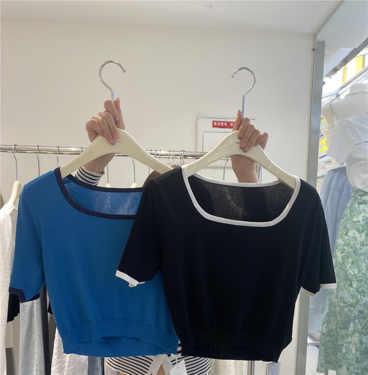 New in early summer! [naimier] square neck color stitching edge fashion slim shirt 7268# LSW