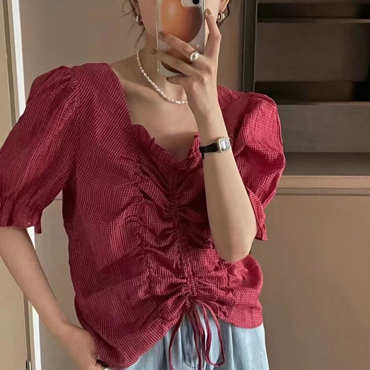 [m.zi studio] V-neck pleated Plaid lace up blouse 5688# HBx