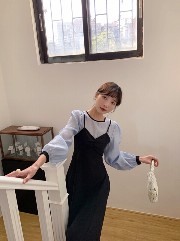 早春上新!【NEW OPEN】波點拼接網紗收腰氣質連衣裙  XL22308#  ZXL