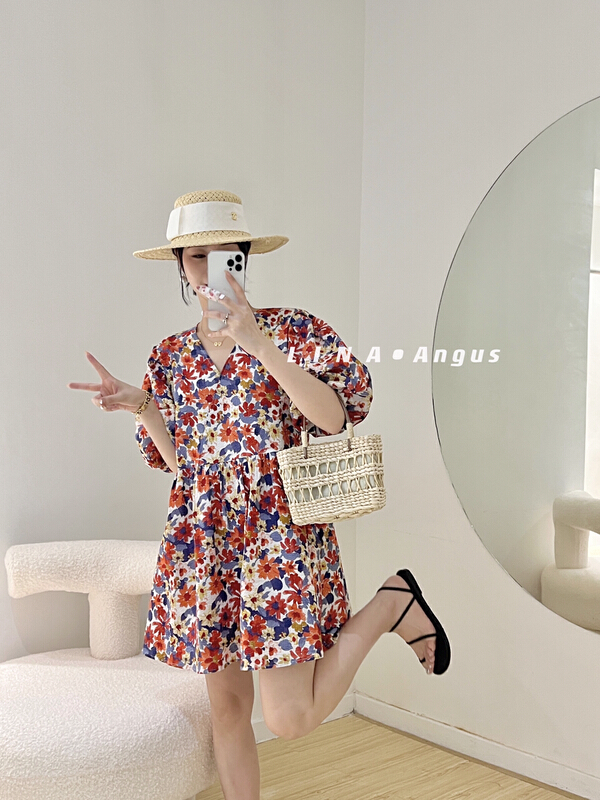 [Lina] V-neck fashion floral dress 0166# hjy
