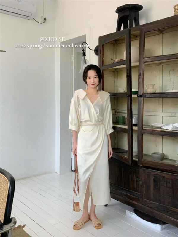 [kuose koser] Korean fashion temperament Polo neck and waist split dress (with waist chain) 92011# WPL