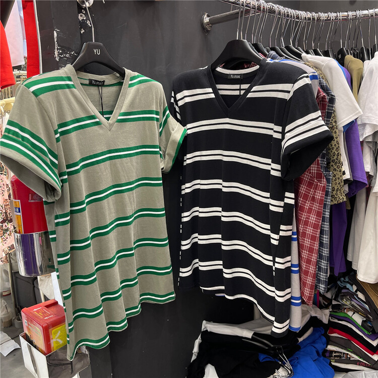 [Yu] Korean stripe loose V-neck short sleeve T-shirt ys1-8060# cqw