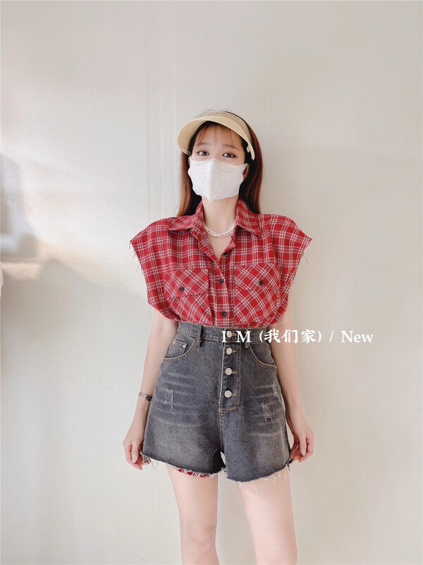 [I'm] Korean Vintage plaid shirt + high waist Denim Shorts Set ys1-8838# cqw