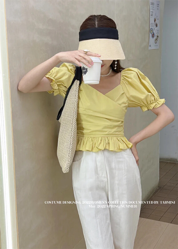[8lei5 ballet] bubble sleeve V-neck versatile fashion shirt 011# WPL