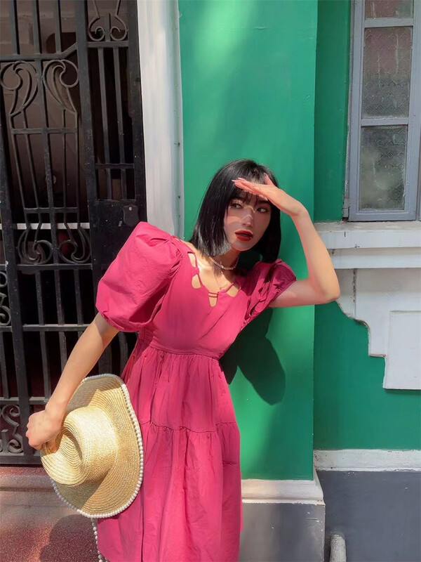 Stock! In early summer! [D2] Korean version versatile hollow lace up bubble sleeve dress 2203092\csx