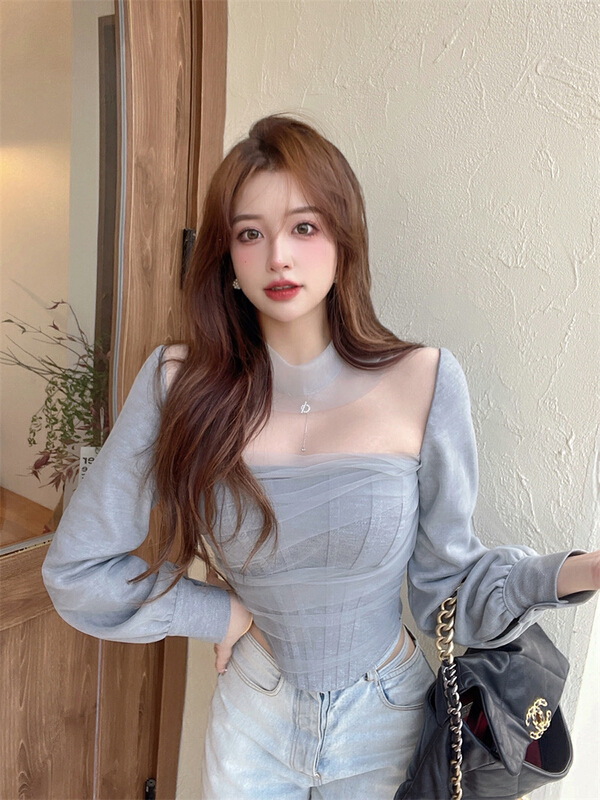 goods in stock! New year in early spring! [three] Japanese pure design feeling mesh stitching slim fitting blouse 2133# CLS