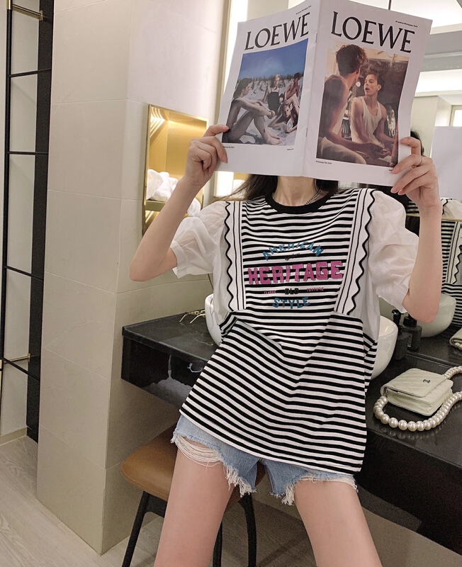 [shuilifang] mosaic stripe Korean Short Sleeve T-shirt 8136\lsl