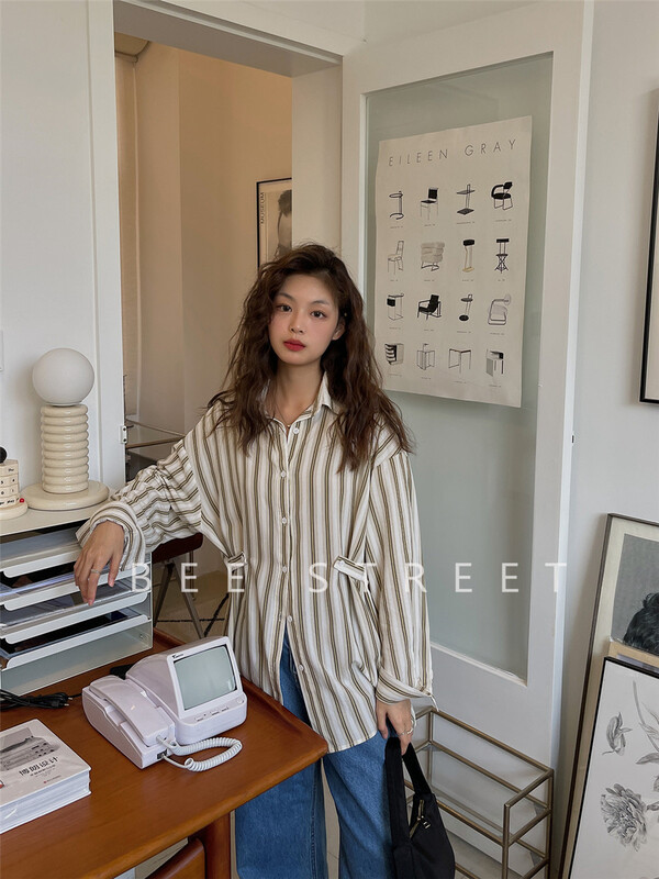 [bee Street] Korean vertical stripe loose shirt ys1-b9007# jhy
