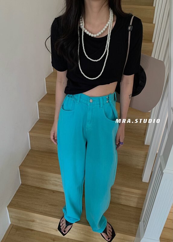 [MRA] design sense waist adjustable color wide leg jeans m1850# zxl