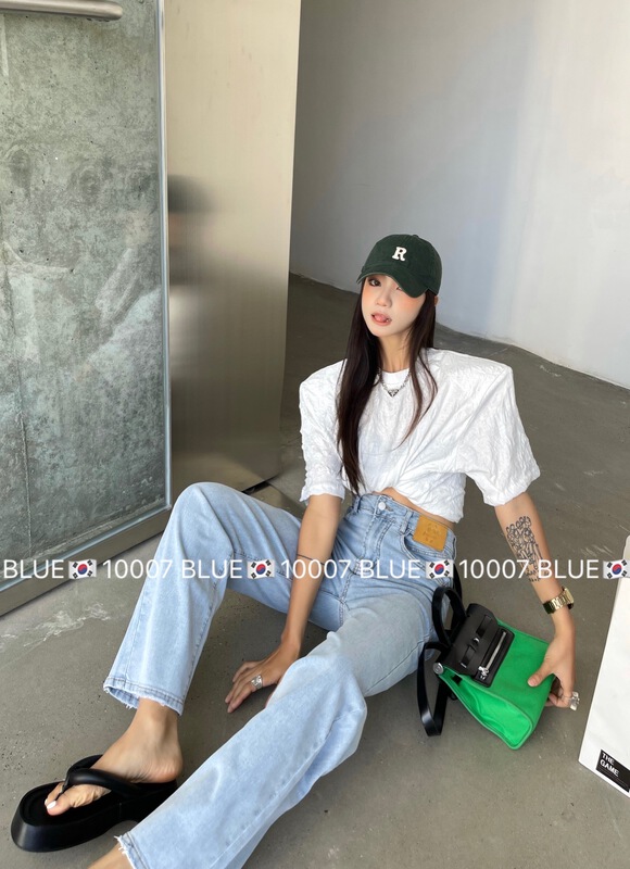 [blue] casual high waist straight LABEL JEANS 10007# hjy