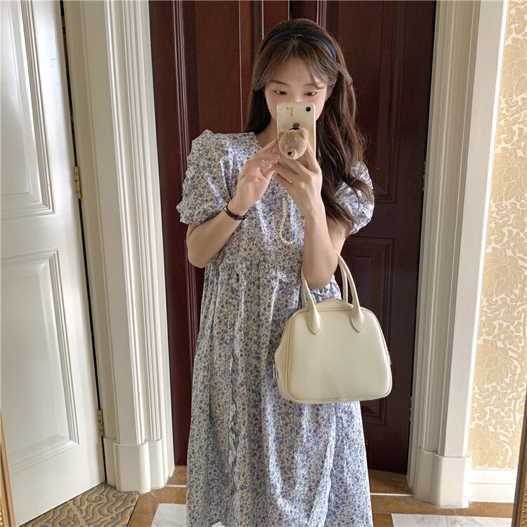 [timely rain] Han Feng ins sweet temperament lovely broken flowers loose thin short sleeved dress f237# WPL