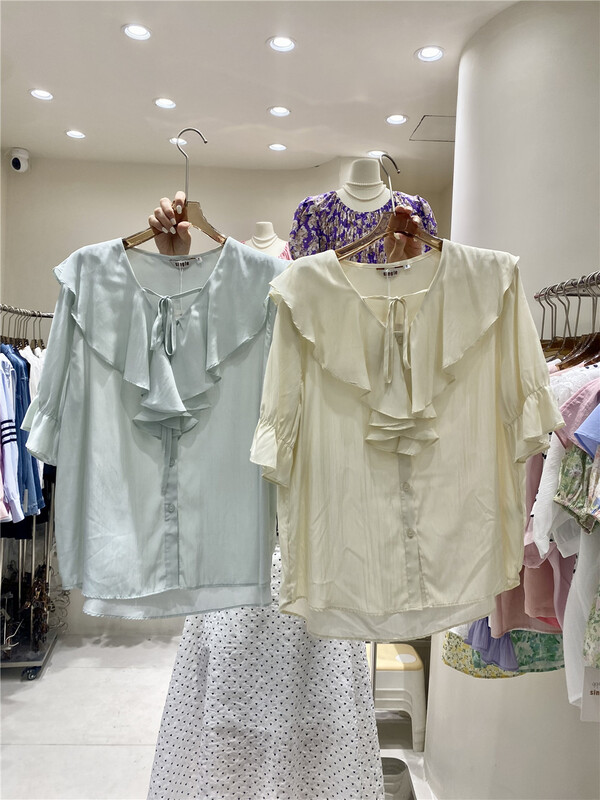 New in early summer! [single] simple solid color lotus leaf collar but single breasted shirt 9902# JJ