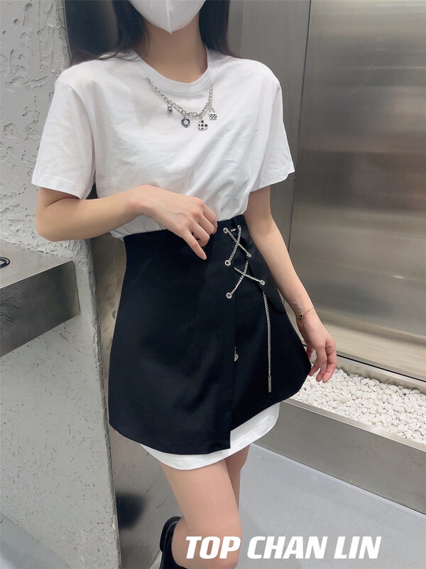 [top Chan Lin] Korean version solid color loose short sleeved dress (with detachable chain) 95160-1# cqw