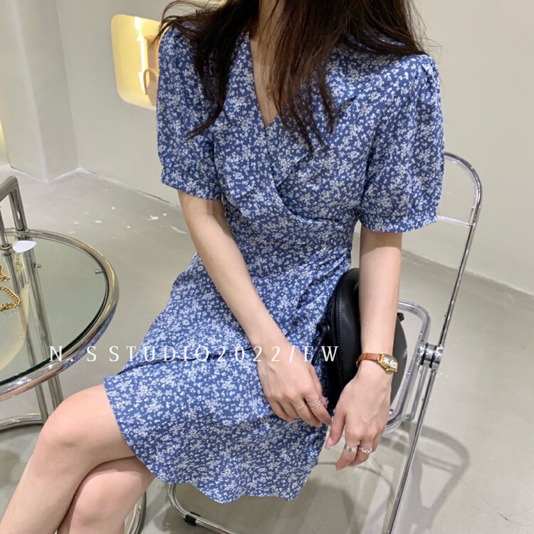 [N.S] French style Ruffle lace up waist cut floral dress 1995# WPL