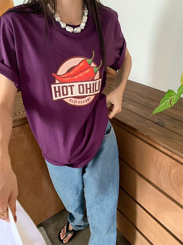 New in early summer! [timely rain] design sense chili letter printing loose and versatile short sleeve T-shirt 67055# WPL