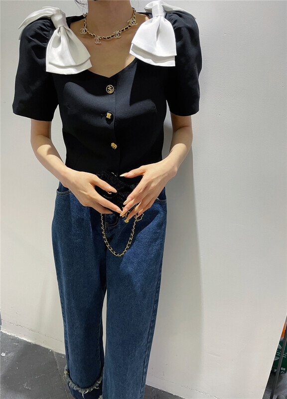 [angelyue] stitching design sense Vintage bow fashion blouse (bow can not be removed) 084cy# LSL