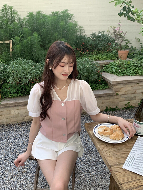 New in early summer! [as] color blocked V-neck single breasted shirt 2164# HBx