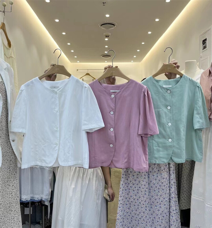 [xhm] Korean solid color breasted bubble sleeve shirt 2988# ZSY