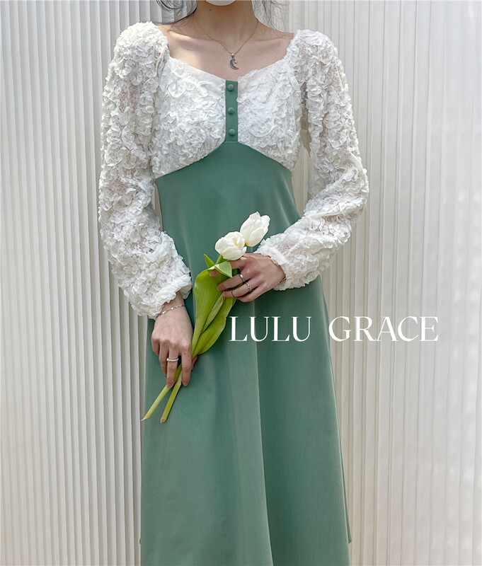 [Lulu grace] Korean style color blocked square neck bubble sleeve dress 6201# ZSY