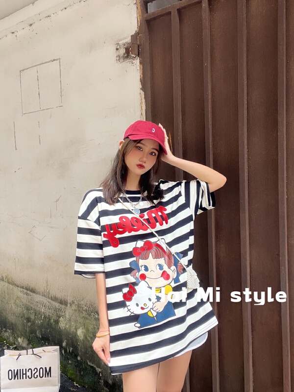[Haimi] Korean fashion stripe printed short sleeve T-shirt 1851# WTT