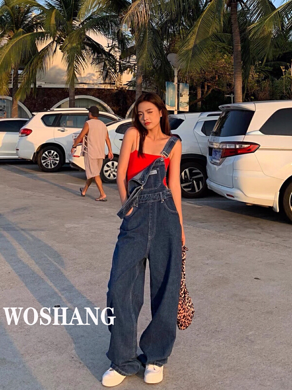 goods in stock! New year in early spring! [woshang woshang] Korean high waist denim strap pants (with detachable fixing buckle) 1085# XYJ