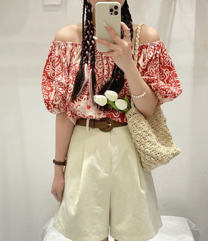 [ya. Mei] line neck fashion niche short sleeved T-shirt (only selling tops) 6388# ll