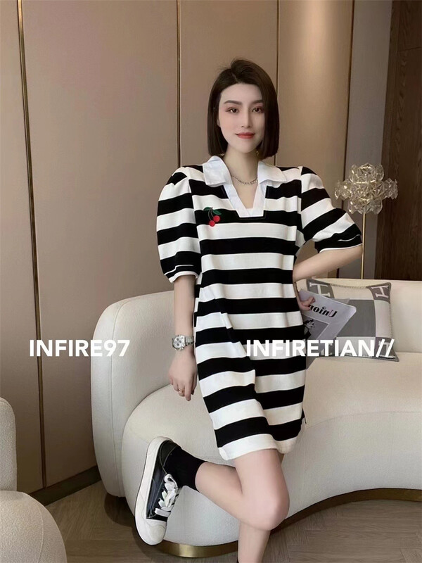 New in early summer! [UUS] Korean striped cherry print dress 221832# zyh