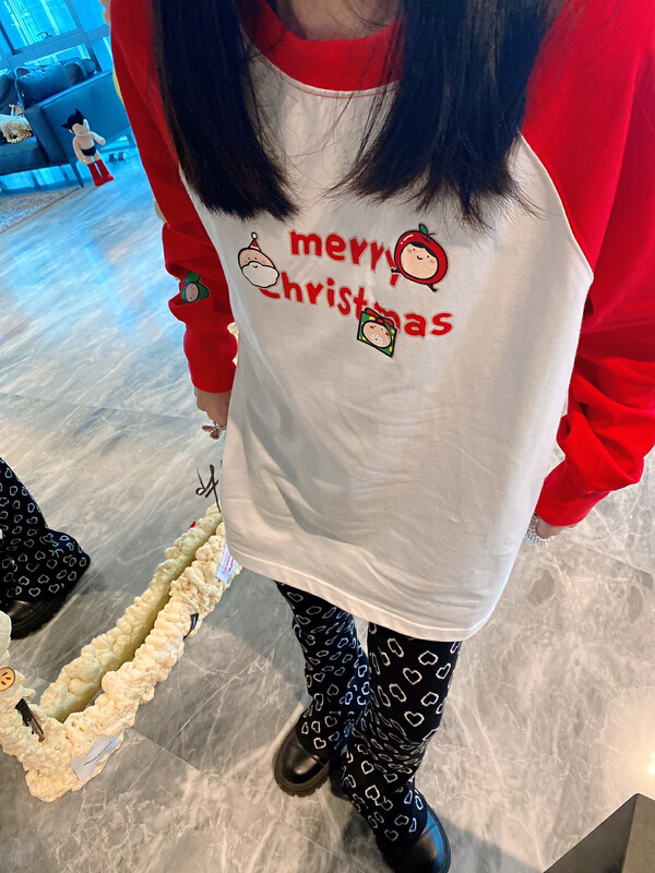 [Nancy] Christmas series color matching funny cartoon picture long sleeve T-shirt w8681# WPL