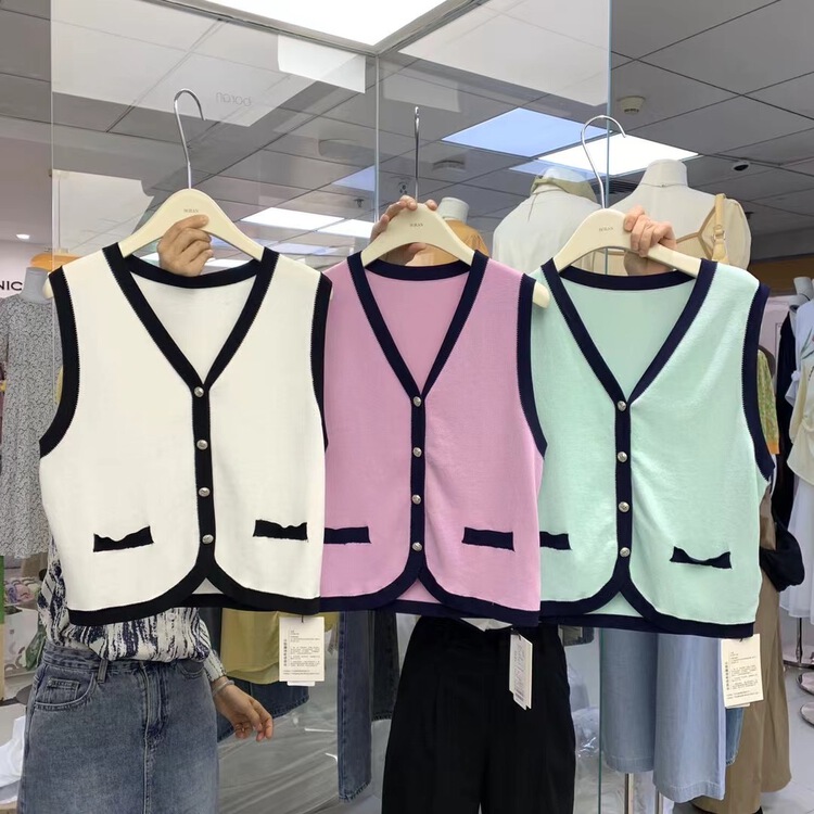 [Boran] V-neck single breasted contrast edge sweater 7322# XYJ