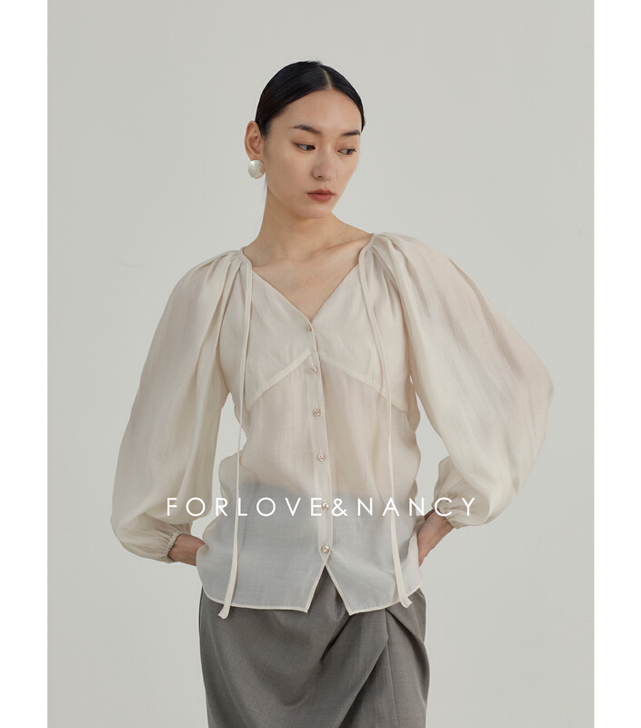 New year in early spring! [FN] Korean fashion temperament V-neck single breasted shirt (non detachable ribbon) na2xa4015n# cqw