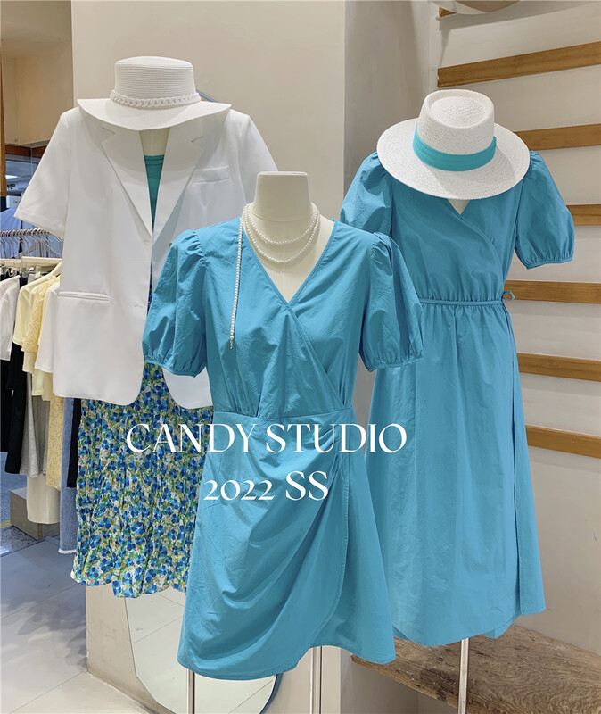 [candy] Korean pleated bubble sleeve V-neck dress b9069# ZSY