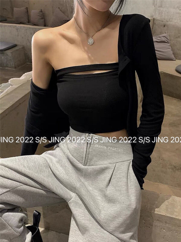 [Jing] solid color bra blouse + short cardigan two piece suit 6622# cqw