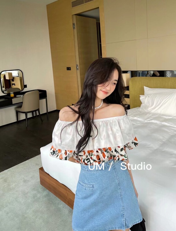 [um micron] Korean Ladies' broken flower shoulder shirt 88289# hjy