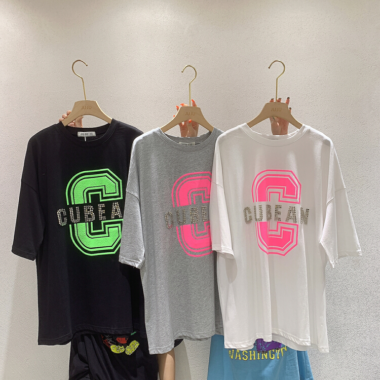 goods in stock! New in early summer! [Juju] Korean heavy industry letter Beaded short sleeve T-shirt 97993# LSL