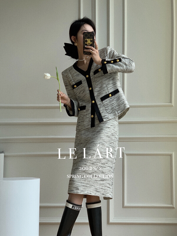 goods in stock! [le lart] high fashion French style small fragrance color matching high waist tweed Hip Wrap Skirt ll2265# jhy