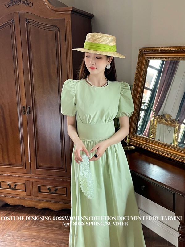 goods in stock! New in early summer! [tabmini] Korean version open back hollow bubble sleeve thin medium length dress x19365# WPL