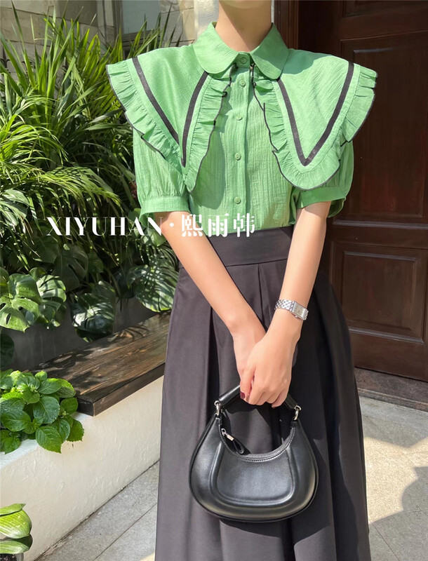 [xiyuhan] Korean style large lapel stitched fungus edge blouse y889# zxx