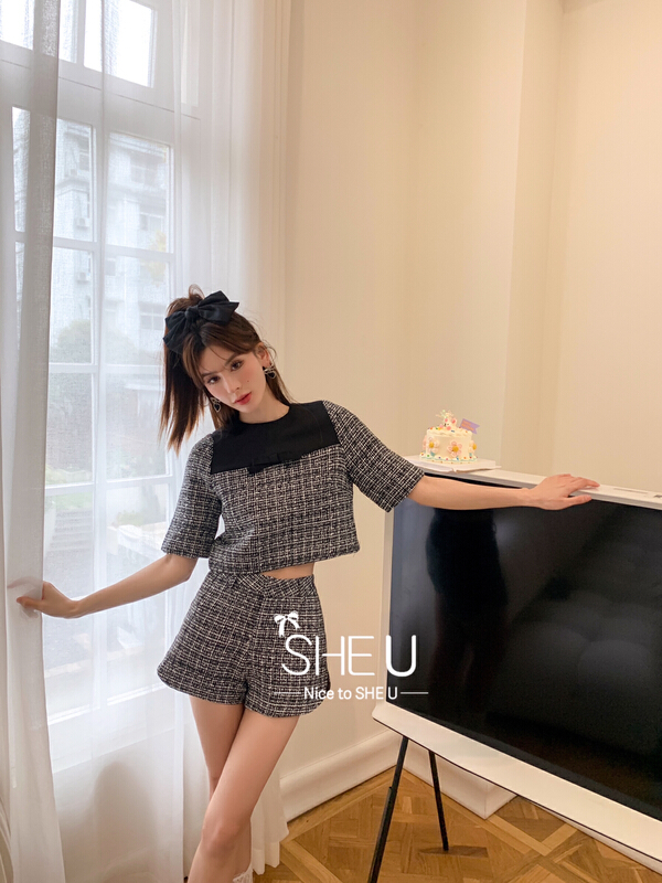 [she u] small fragrance stitched bow short shirt c80185# cqw