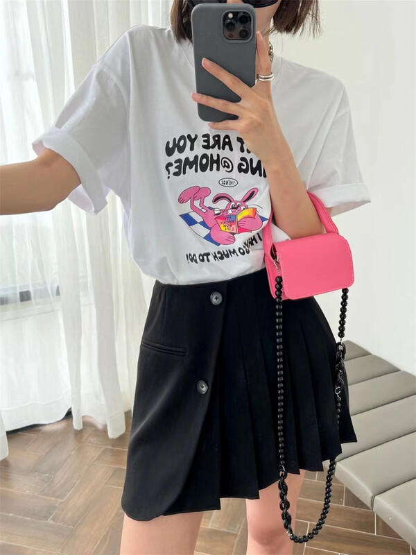 [black + white] Korean loose reading rabbit print short sleeve T-shirt 2s02769u# lwy