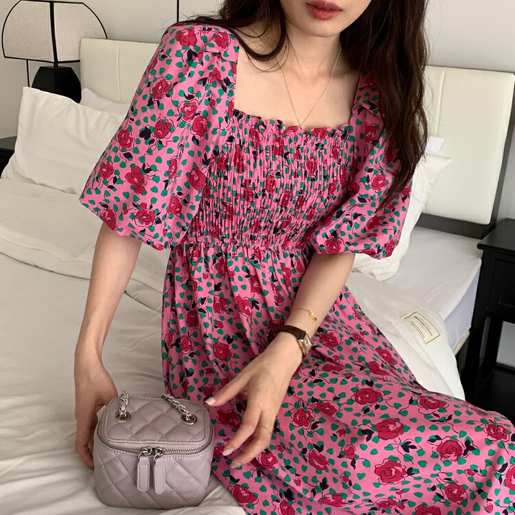 New in early summer! [timely rain] Korean style French Vintage floral design square neck dress 25883# WPL