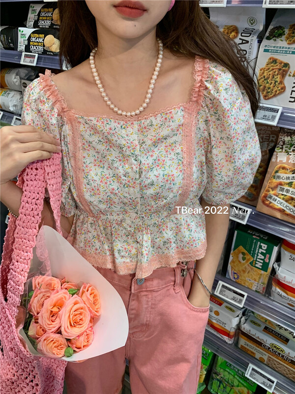 goods in stock! New in early summer! [t.bear] Korean floral Square Neck Shirt 28375# zxx