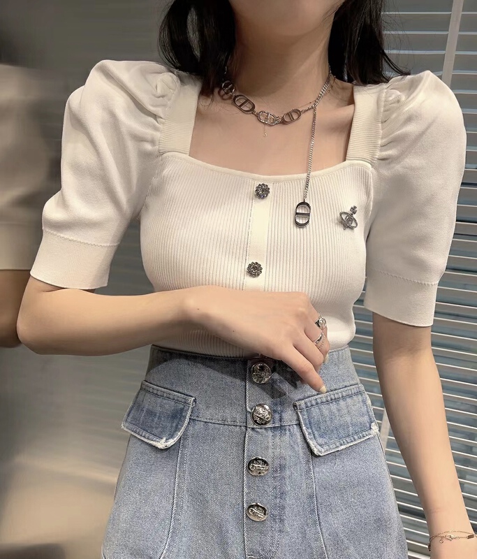 [top Chan Lin] niche slim fit bubble sleeve short shirt (with detachable pin) 95083# cqw