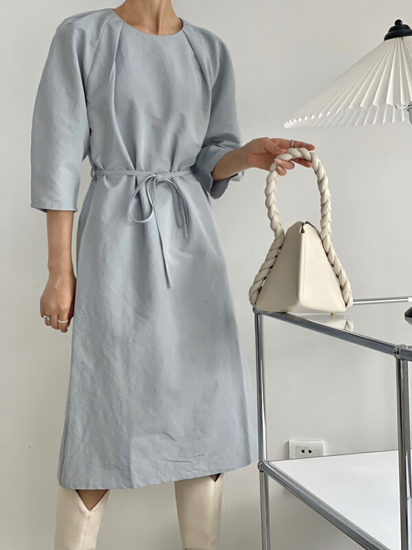 [context sense] simple and clean Raglan bubble sleeve medium length dress (with waist rope) tts1023# CLS