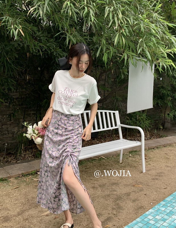 New year in early spring! [Wo +] Korean drawstring pleated floral medium length skirt (skirt only) 22009# zxx